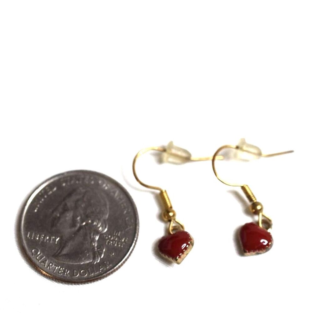Valentine Red Enamel Heart Rose Gold Tone Dangle 1/2" Dangle Hook Earrings